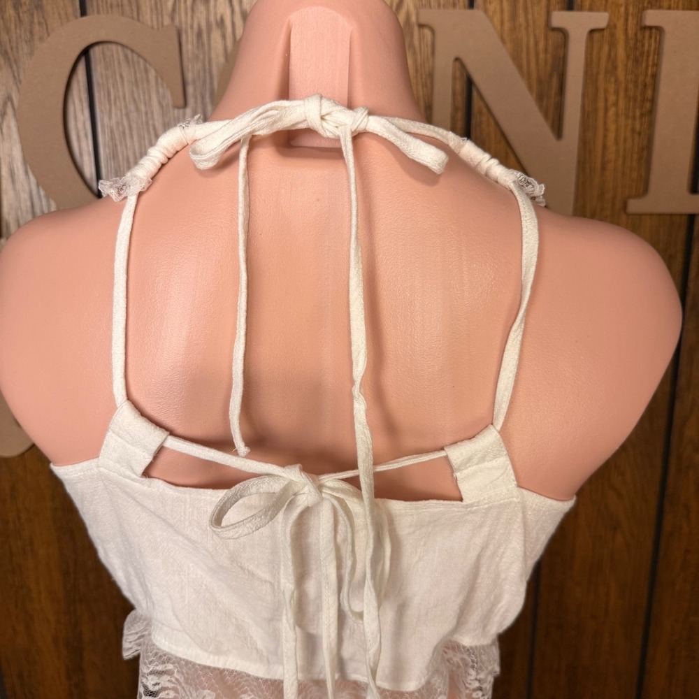 Y2K Cream Lace Trim Tie Front Vest Top Women M Coquette Fairycore Boho Ethereal - Picture 7 of 8